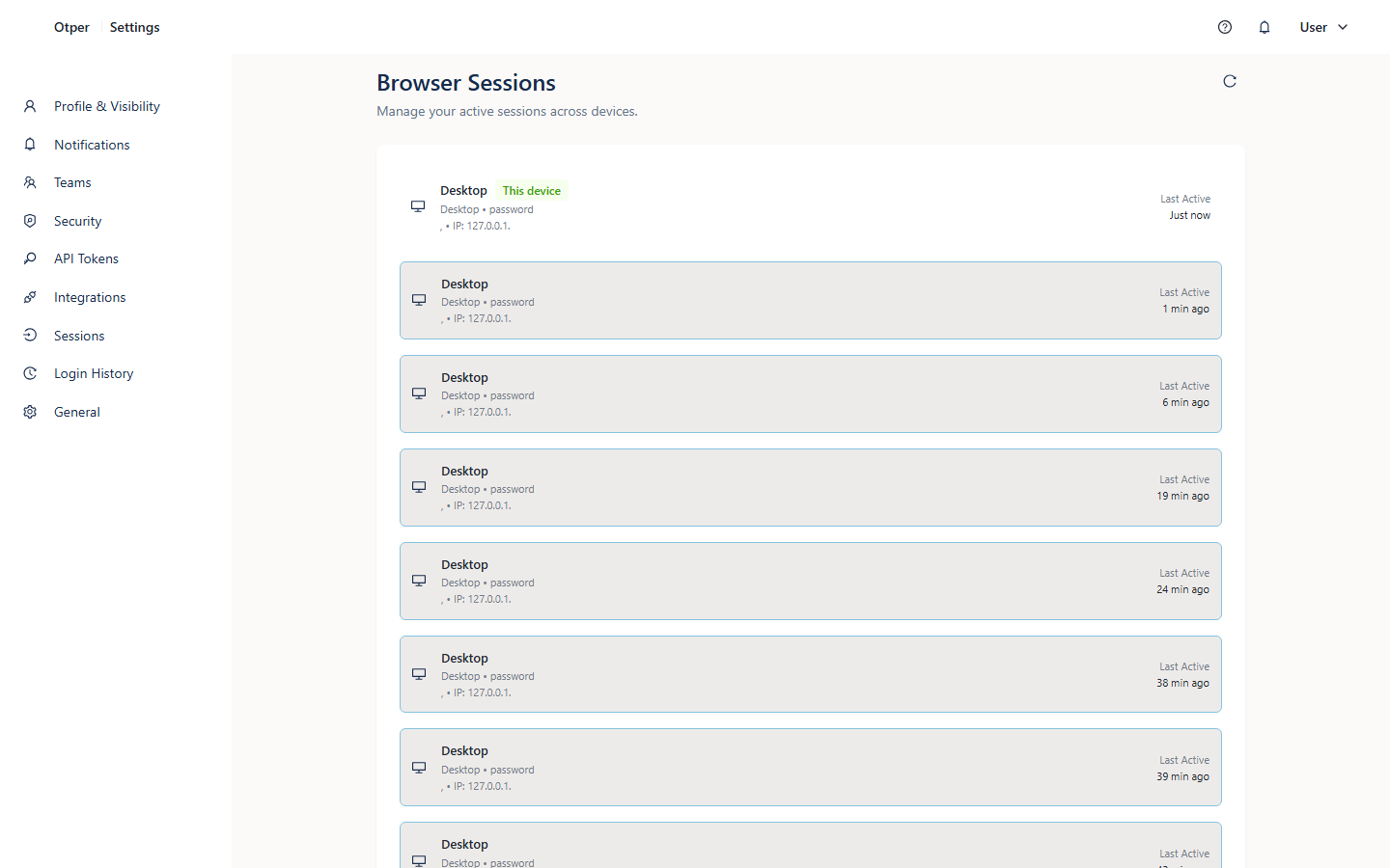 Otper active sessions list with revoke controls